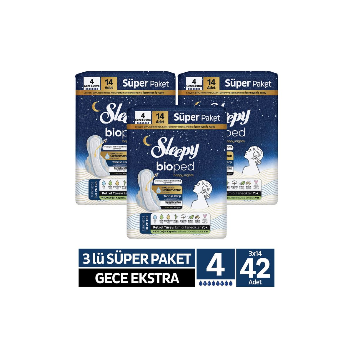 Sleepy Bioped Hijyenik Ped 3'lü Süper Paket Gece Ekstra 42 Adet