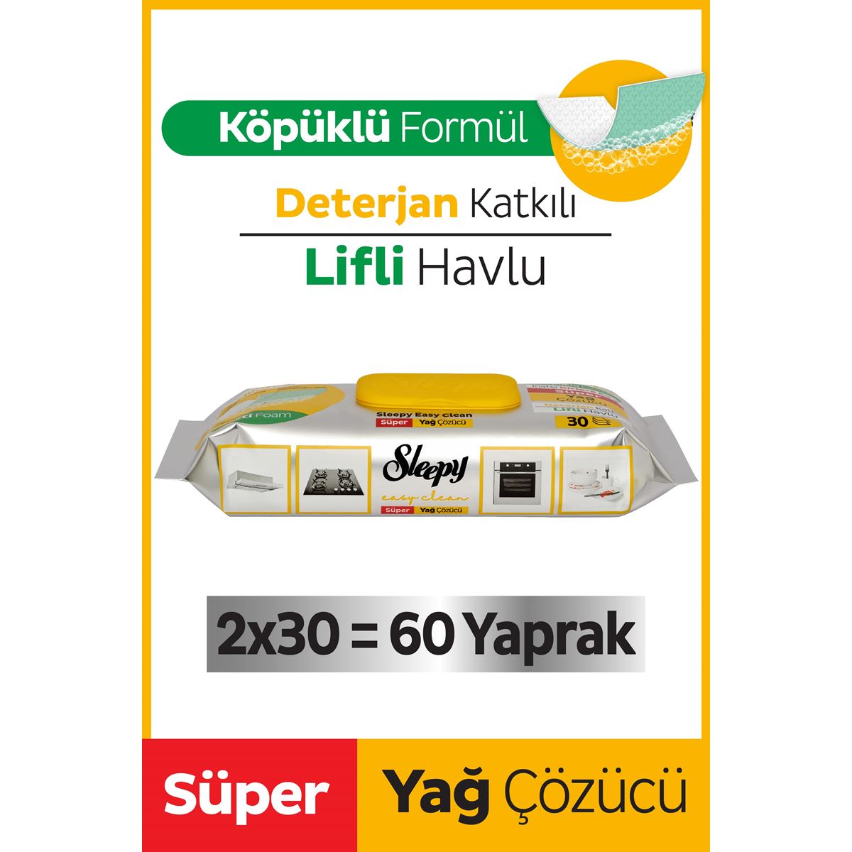 Sleepy Easy Clean Süper Yağ Çözücü Yüzey Temizlik Havlusu&Mendili 2x30 (60 Yaprak)