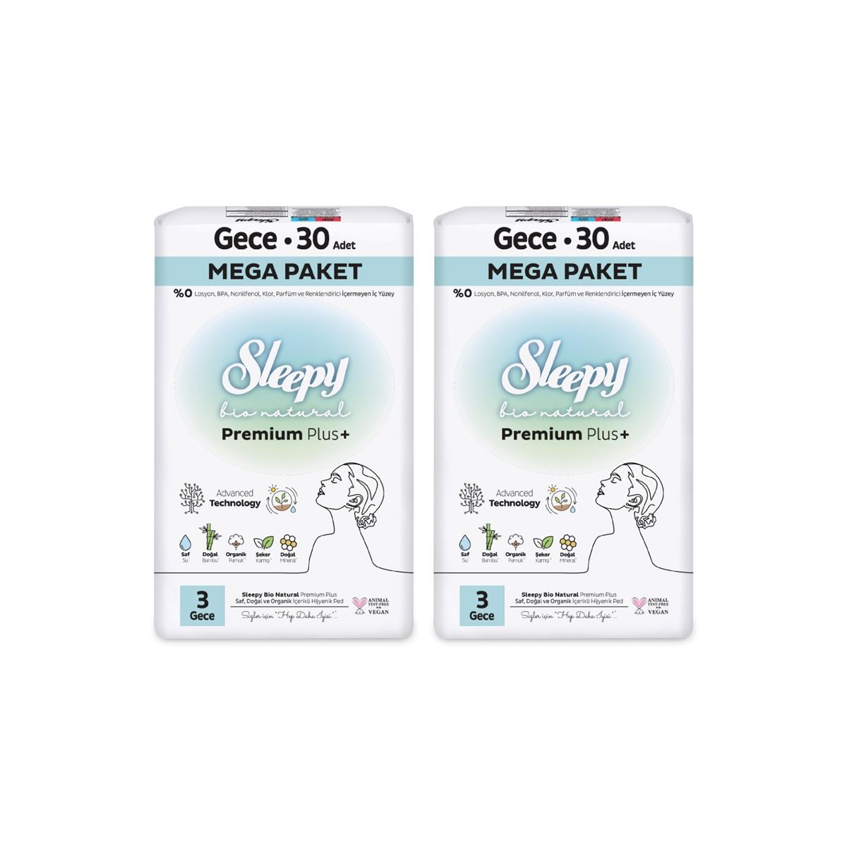 Sleepy Bio Natural Premium Plus Hijyenik Ped Mega Paket Gece 30x2 (60 Adet) + Cüzdan Hediyeli