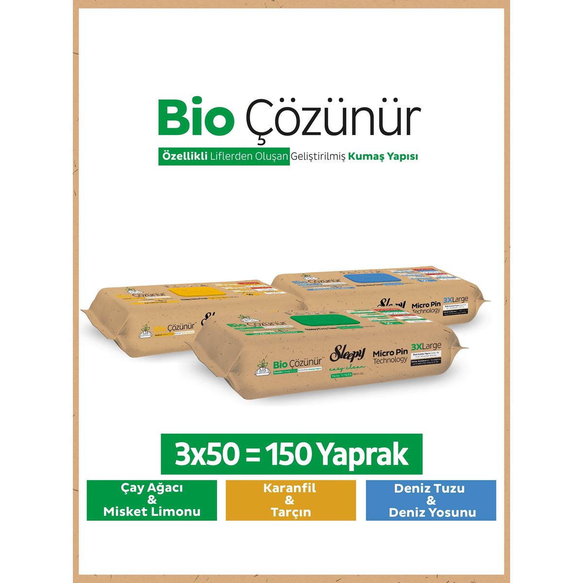 Sleepy Bio Çözünür Yüzey Temizlik Havlusu&Mendili Karma Paket 3x50 (150 Yaprak)