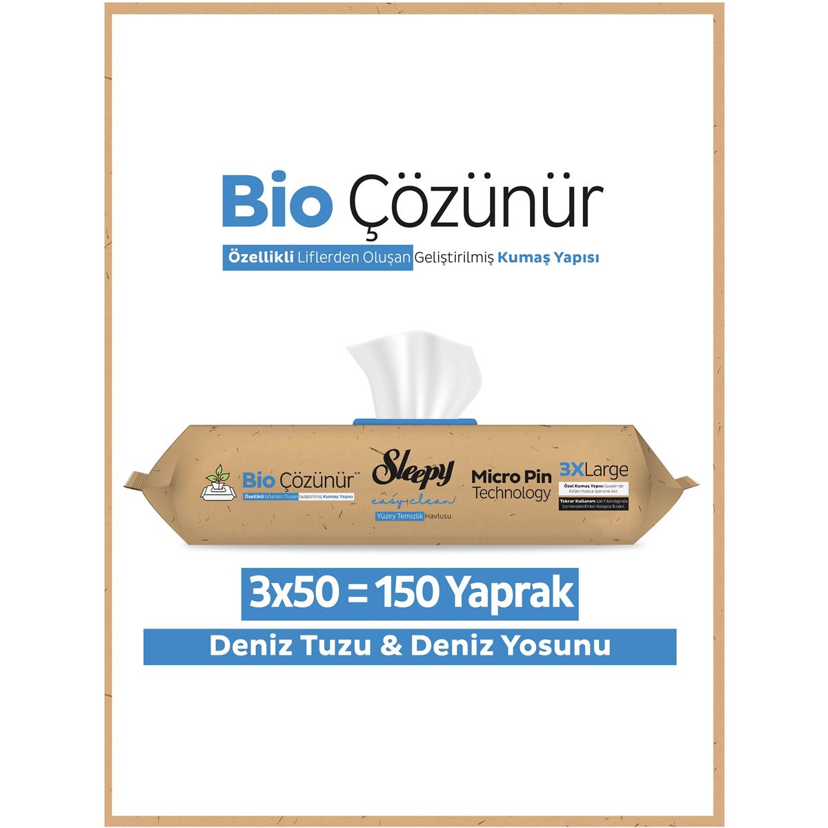 Sleepy Bio Çözünür Yüzey Temizlik Havlusu&Mendili Deniz Tuzu&Yosun 3x50 (150 Yaprak)