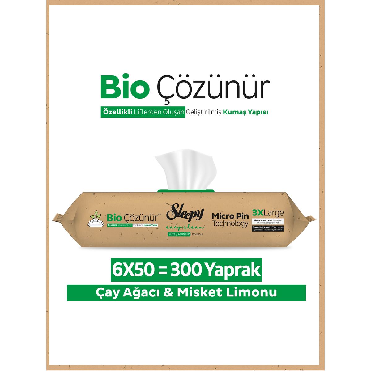Sleepy Bio Çözünür Yüzey Temizlik Havlusu&Mendili Çay Ağacı&Misket Limonu 6x50 (300 Yaprak)