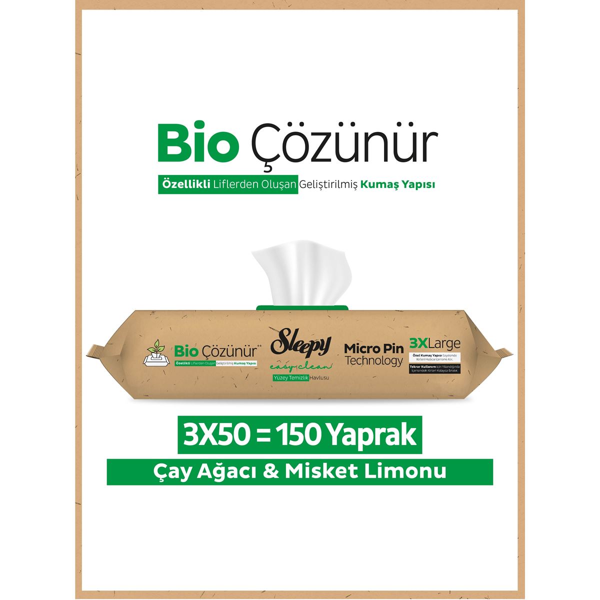 Sleepy Bio Çözünür Yüzey Temizlik Havlusu&Mendili Çay Ağacı&Misket Limonu 3x50 (150 Yaprak)