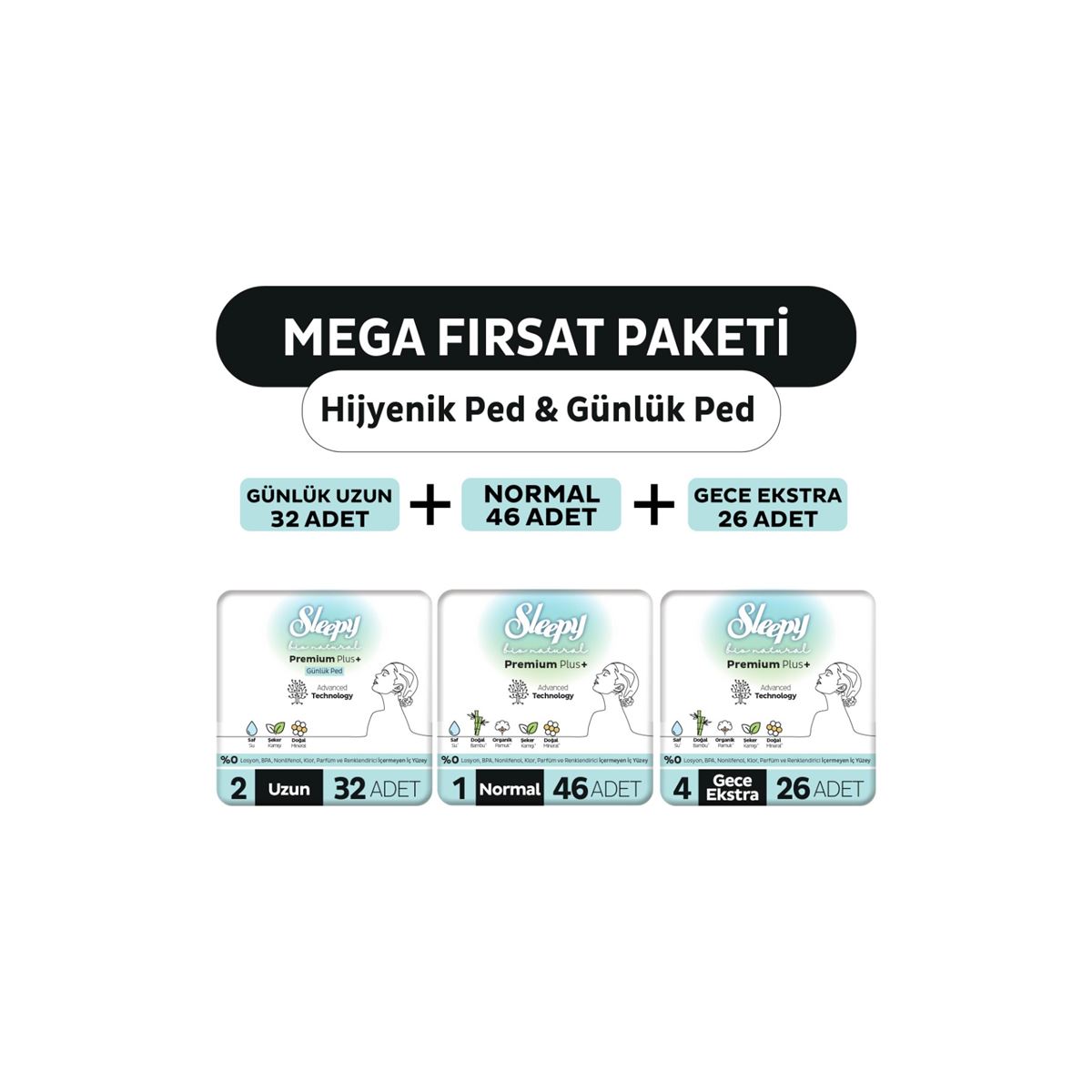 Sleepy Bio Natural Premium Plus Hijyenik Ped Mega Fırsat Paketi 72 Adet + Günlük Ped Uzun 32 Adet