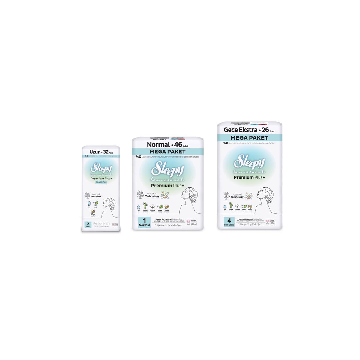 Sleepy Bio Natural Premium Plus Hijyenik Ped Mega Fırsat Paketi 72 Adet + Günlük Ped Uzun 32 Adet