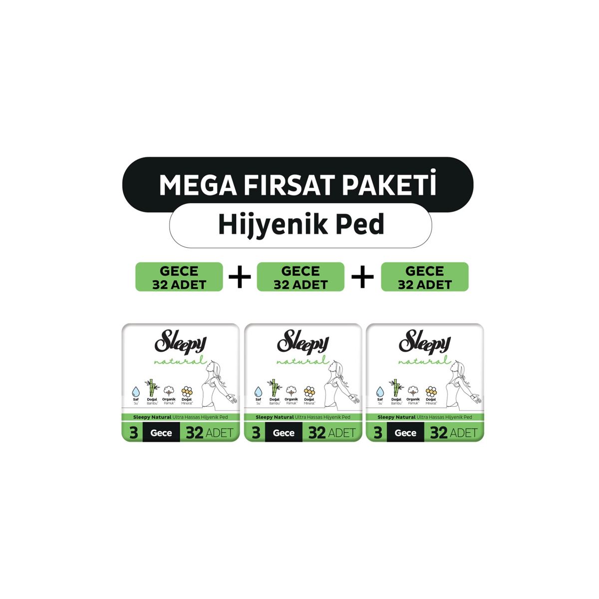 Sleepy Natural Ultra Hassas Hijyenik Ped Mega Fırsat Paketi Gece 96 Adet