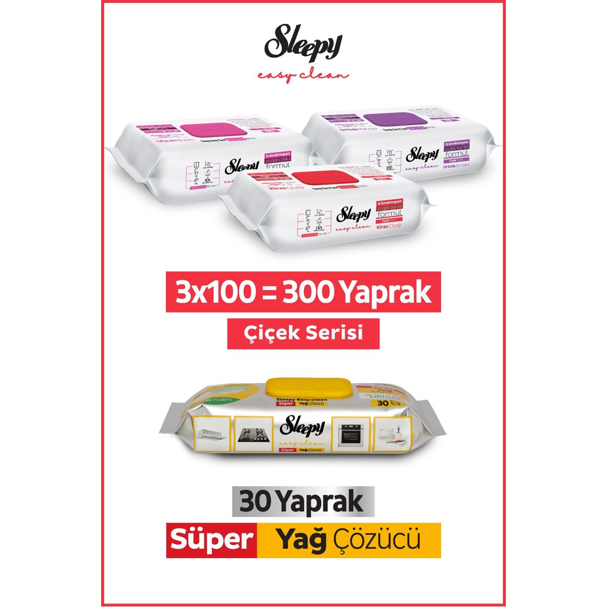 Sleepy Easy Clean Çiçek Serisi&Süper Yağ Çözücü Yüzey Temizlik Havlusu&Mendili(3x100+30)