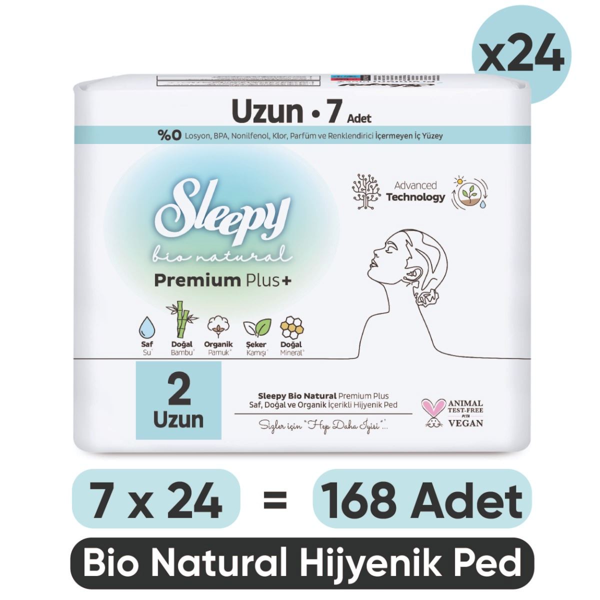 Sleepy Bio Natural Premium Plus Hijyenik Ped Uzun 7x24 Ped (168 Adet)