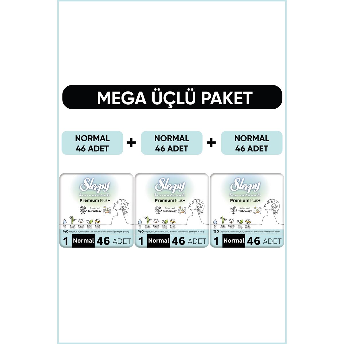 Sleepy Bio Natural Premium Plus Hijyenik Ped Mega Paket Normal 46x3 (138 Adet)