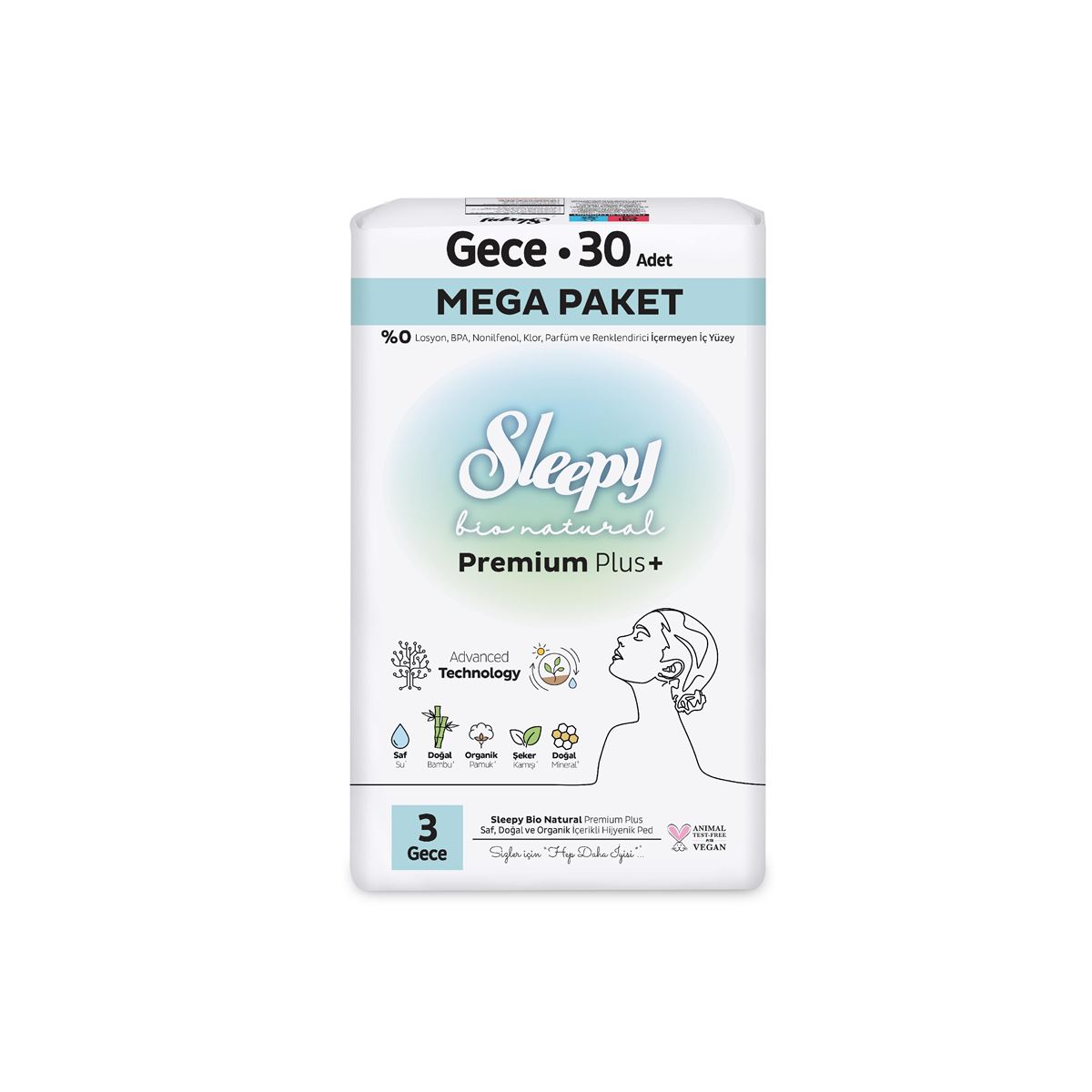 Sleepy Bio Natural Premium Plus Hijyenik Ped Mega Paket Gece 30 Adet