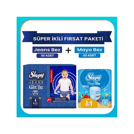 Sleepy Süper ikili Fırsat Paketi(Jeans Külot Bez 4 Numara 30 Adet + Mayo Külot Bez 4 Numara 20 Adet)