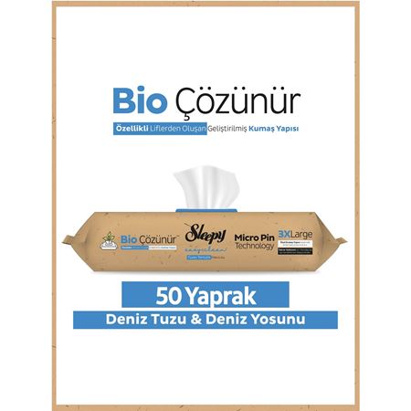 Sleepy Bio Çözünür Yüzey Temizlik Havlusu&Mendili Deniz Tuzu&Yosun 50 Yaprak