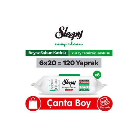 Sleepy Easy Clean Beyaz Sabun Katkılı Yüzey Temizlik Havlusu Çanta Boy  6x20 (120 Yaprak)