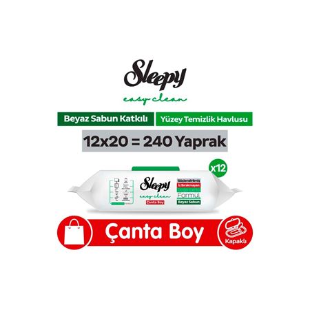 Sleepy Easy Clean Beyaz Sabun Katkılı Yüzey Temizlik Havlusu Çanta Boy 12x20 (240 Yaprak)