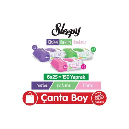 Sleepy Natural + Floral + Herbal Kişisel Bakım Havlusu Çanta Boy 6x25 (150 Yaprak)