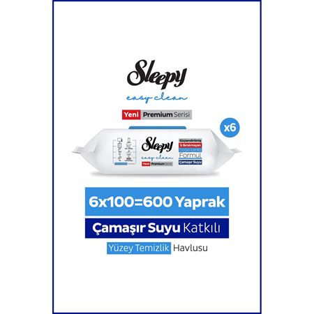 Sleepy Easy Clean Premium Çamaşır Suyu Katkılı Yüzey Temizlik Havlusu Mendili 6x100 (600 Yaprak)