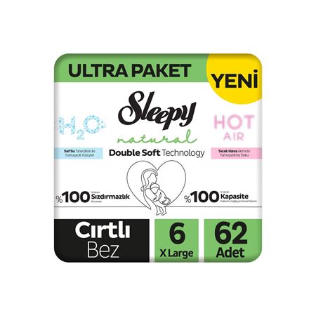 Sleepy Natural Double Soft Ultra Paket Bebek Bezi 6 Numara Xlarge 62 Adet