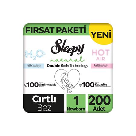Sleepy Natural Double Soft Fırsat Paketi Bebek Bezi 1 Numara Newborn 200 Adet