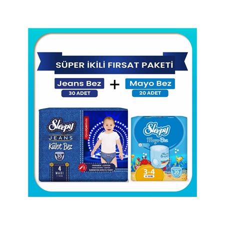 Sleepy Süper ikili Fırsat Paketi(Jeans Külot Bez 4 Numara 30 Adet + Mayo Külot Bez 4 Numara 20 Adet)