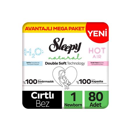 Sleepy Natural Double Soft Avantajlı Mega Paket Bebek Bezi 1 Numara Newborn 80 Adet