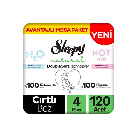 Sleepy Natural Double Soft Avantajlı Mega Paket Bebek Bezi 4 Numara Maxi 120 Adet