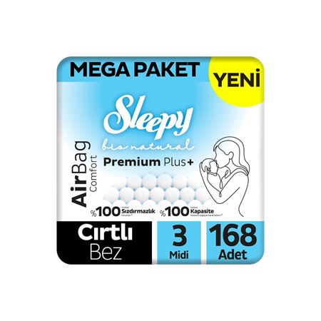 Sleepy Bio Natural Premium Plus Airbag Comfort Mega Paket Bebek Bezi 3 Numara Midi 168 Adet