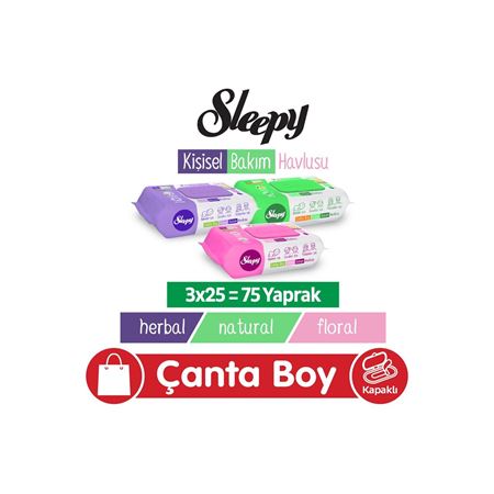 Sleepy Natural + Floral + Herbal Kişisel Bakım Havlusu Çanta Boy 3x25 (75 Yaprak)
