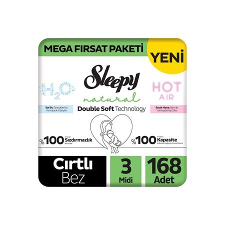 Sleepy Natural Double Soft Mega Fırsat Paketi Bebek Bezi 3 Numara Midi 168 Adet