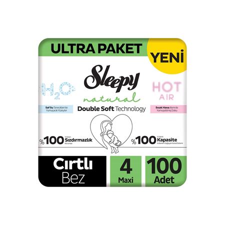 Sleepy Natural Double Soft Ultra Paket Bebek Bezi 4 Numara Maxi 100 Adet