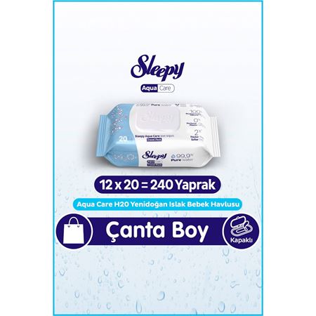 Sleepy AquaCare H2O Yenidoğan Islak Bebek Havlusu Seyahat Boy 12x20 (240 Yaprak)