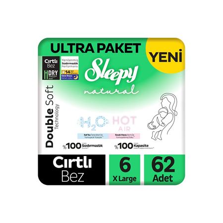 Sleepy Natural Double Soft Ultra Paket Bebek Bezi 6 Numara Xlarge 62 Adet