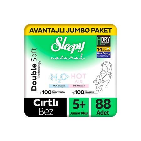 Sleepy Natural Double Soft Avantajlı Jumbo Paket Bebek Bezi 5+ Numara Junior Plus 88 Adet