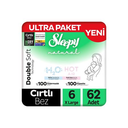 Sleepy Natural Double Soft Ultra Paket Bebek Bezi 6 Numara Xlarge 62 Adet