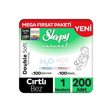 Sleepy Natural Double Soft Mega Fırsat Paketi Bebek Bezi 1 Numara Newborn 200 Adet