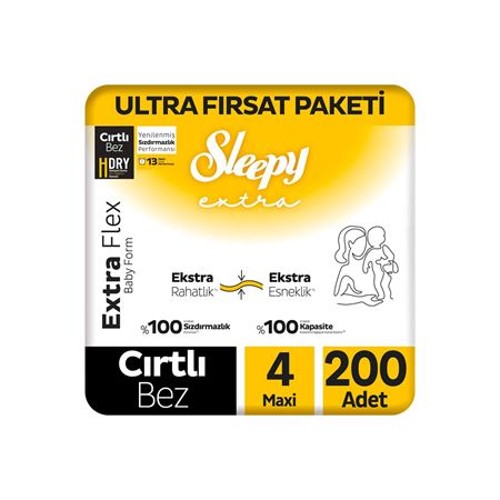 Sleepy Extra Flex Ultra Fırsat Paketi Bebek Bezi 4 Numara Maxi 200 Adet