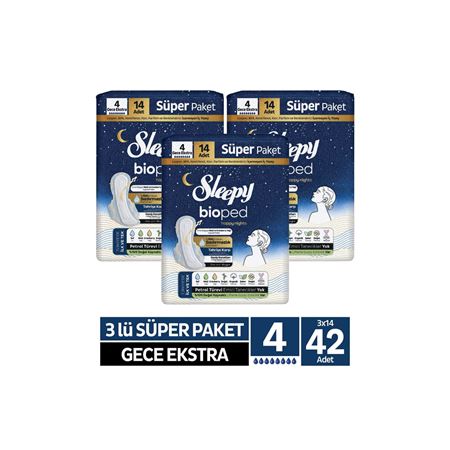 Sleepy Bioped Hijyenik Ped 3'lü Süper Paket Gece Ekstra 42 Adet