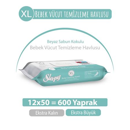 XL Beyaz Sabun Kokulu Bebek Vücut Temizleme Havlusu 12x50 (600 Yaprak)