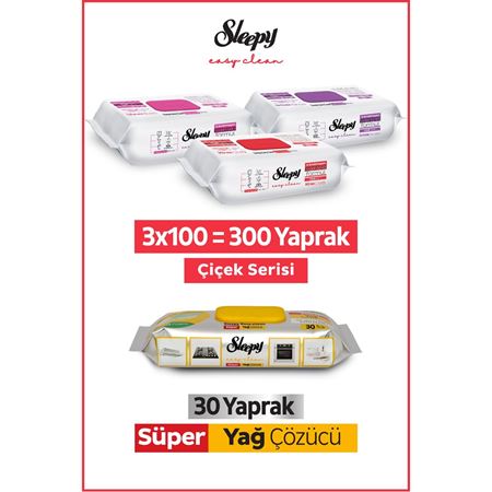 Sleepy Easy Clean Çiçek Serisi&Süper Yağ Çözücü Yüzey Temizlik Havlusu&Mendili(3x100+30)